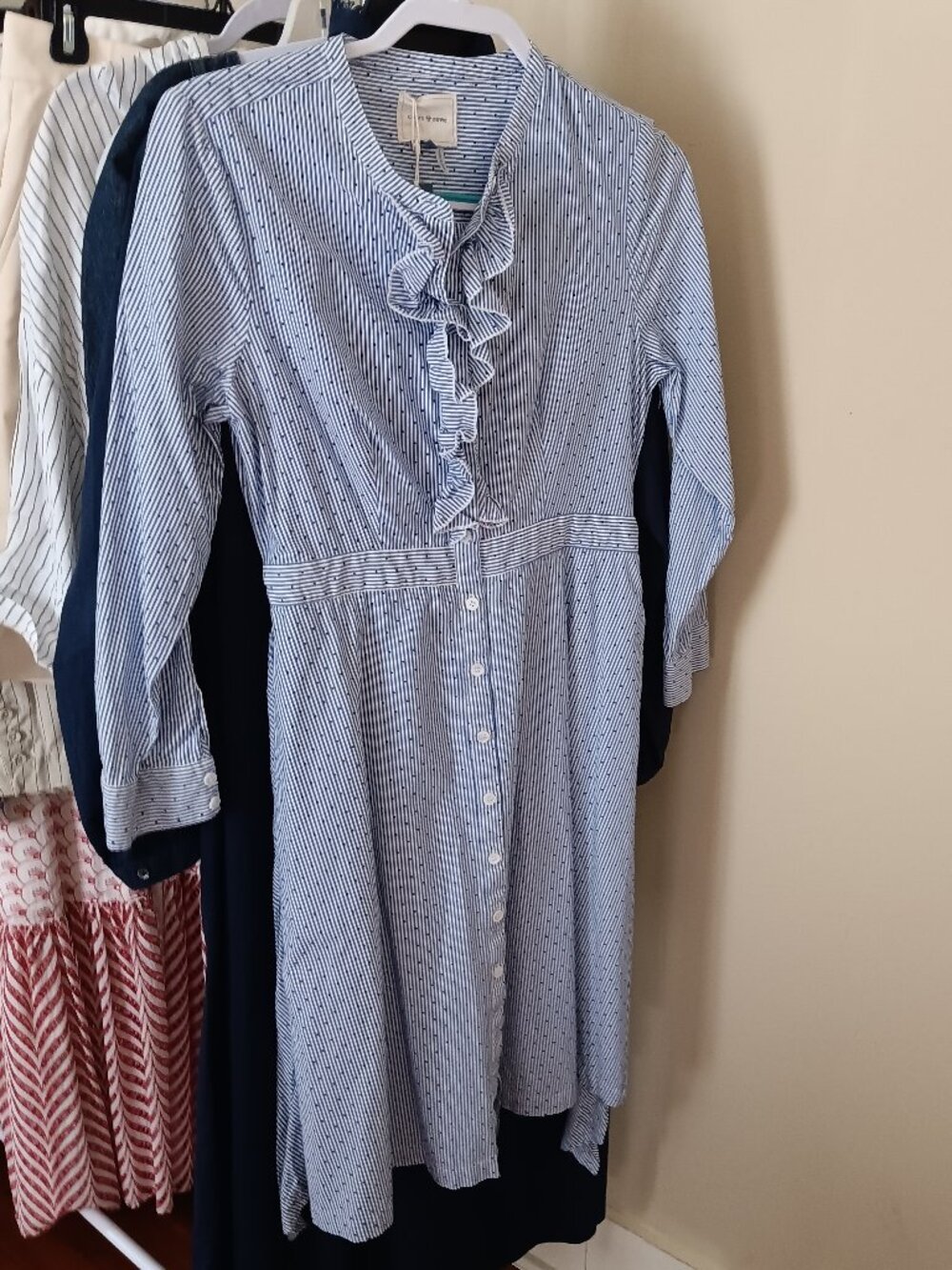 Blue & White Striped Cotton with Dotted Swiss Shirt Dress Size 8 by Court & Rowe